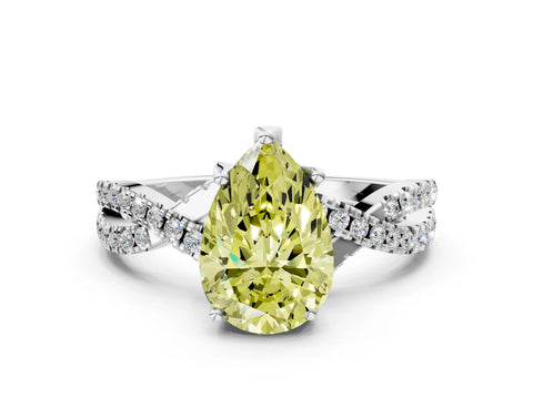 White gold Fancy Yellow Pear Cut Solitaire Twist Pave Diamond Engagement Ring with Prong Setting