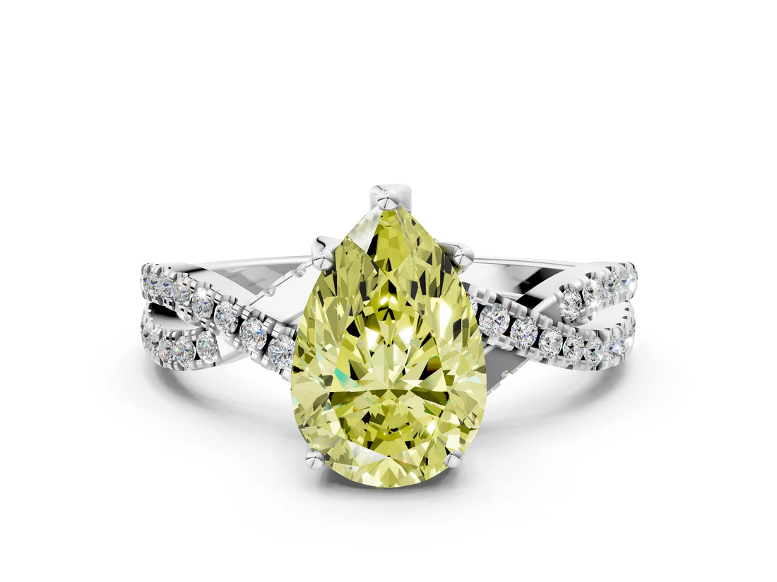 White gold Fancy Yellow Pear Cut Solitaire Twist Pave Diamond Engagement Ring with Prong Setting_12
