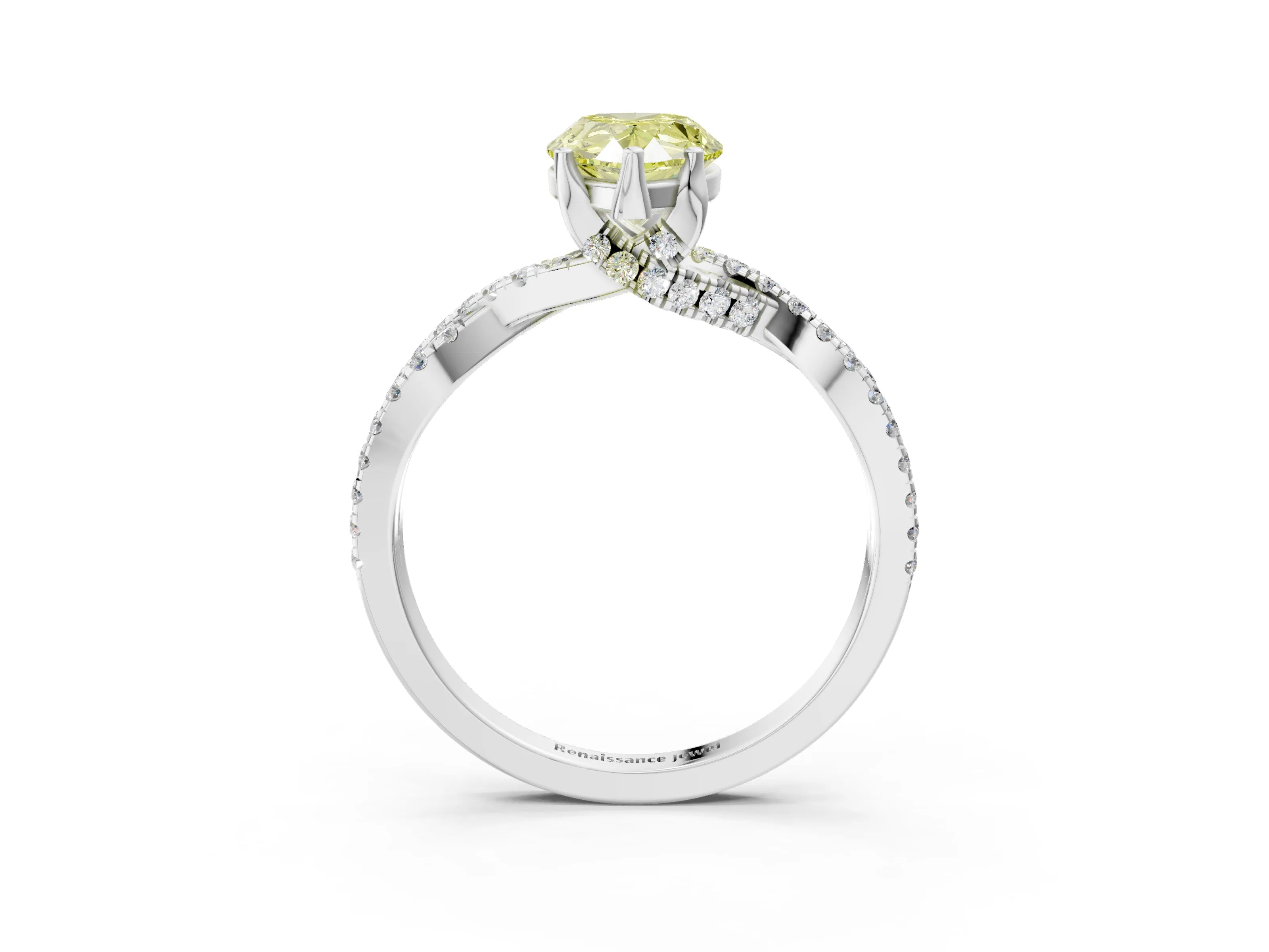 White gold Fancy Yellow Pear Cut Solitaire Twist Pave Diamond Engagement Ring with Prong Setting_3