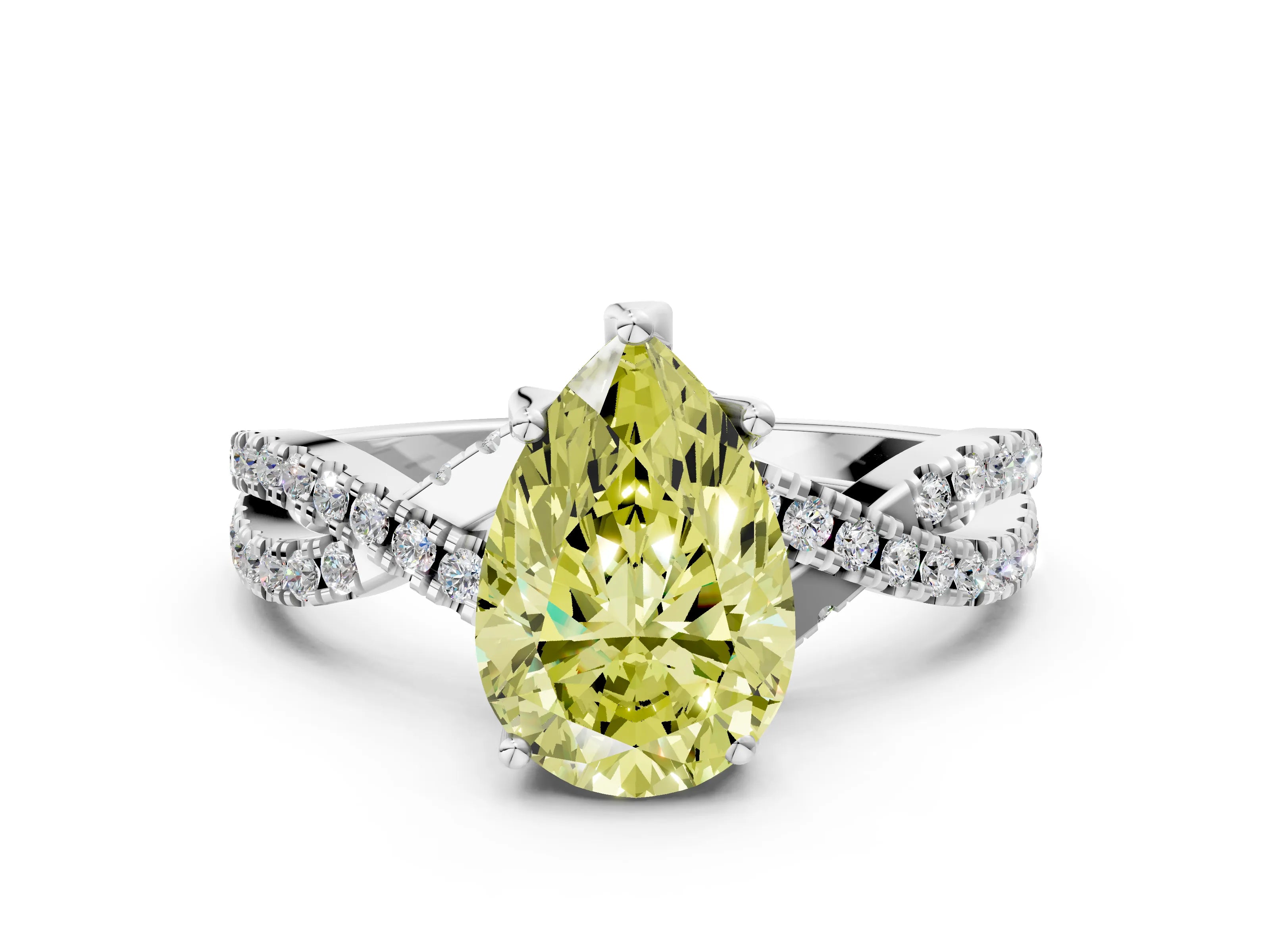 White gold Fancy Yellow Pear Cut Solitaire Twist Pave Diamond Engagement Ring with Prong Setting