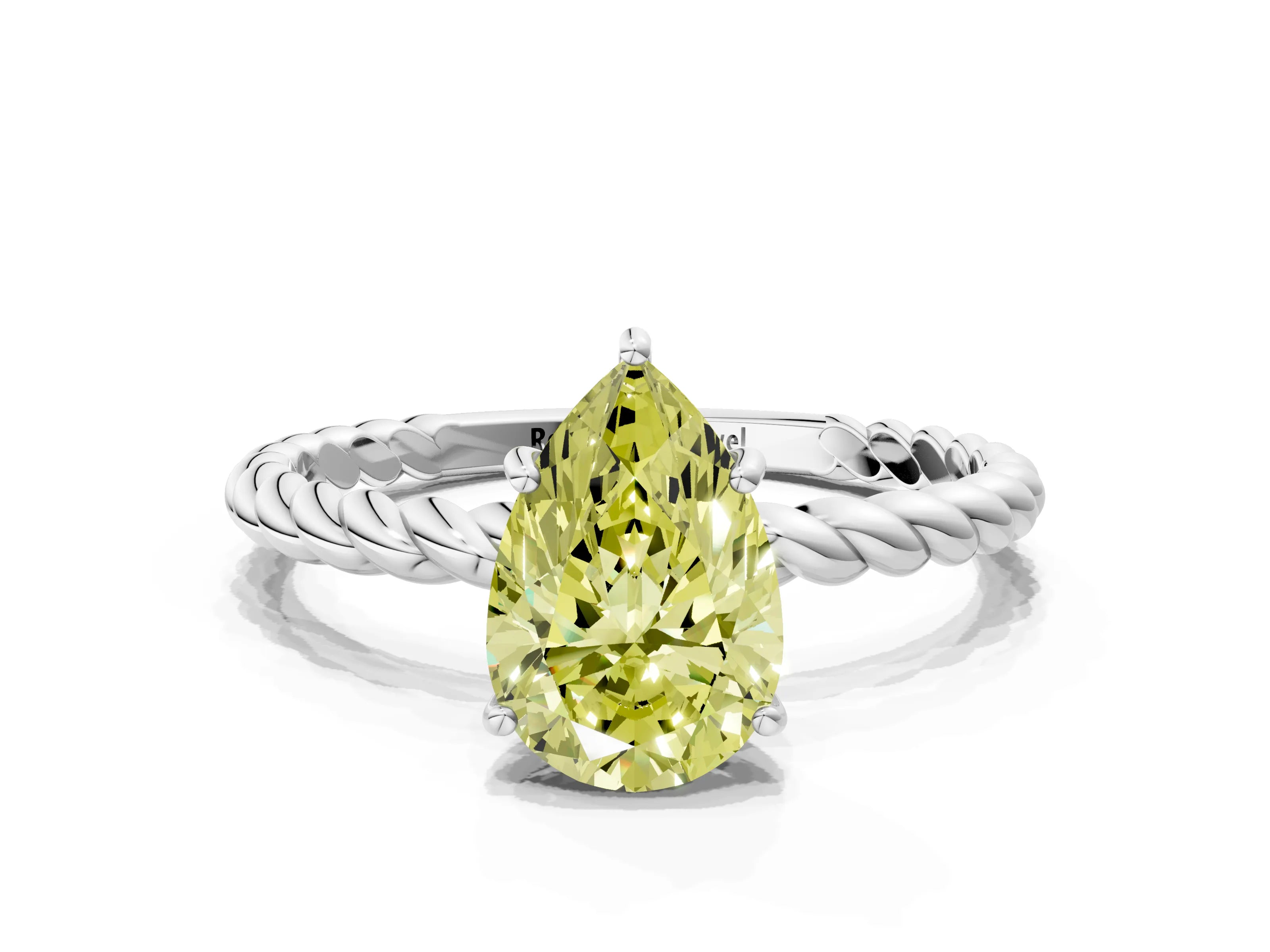 White gold Fancy Yellow Pear Cut Solitaire Twisted Band 4-Prong Ring