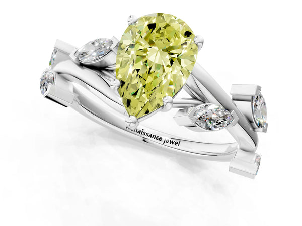 Platinum Fancy Yellow Pear Cut Solitaire Twisted Band Marquise Accent Prong Setting Ring
