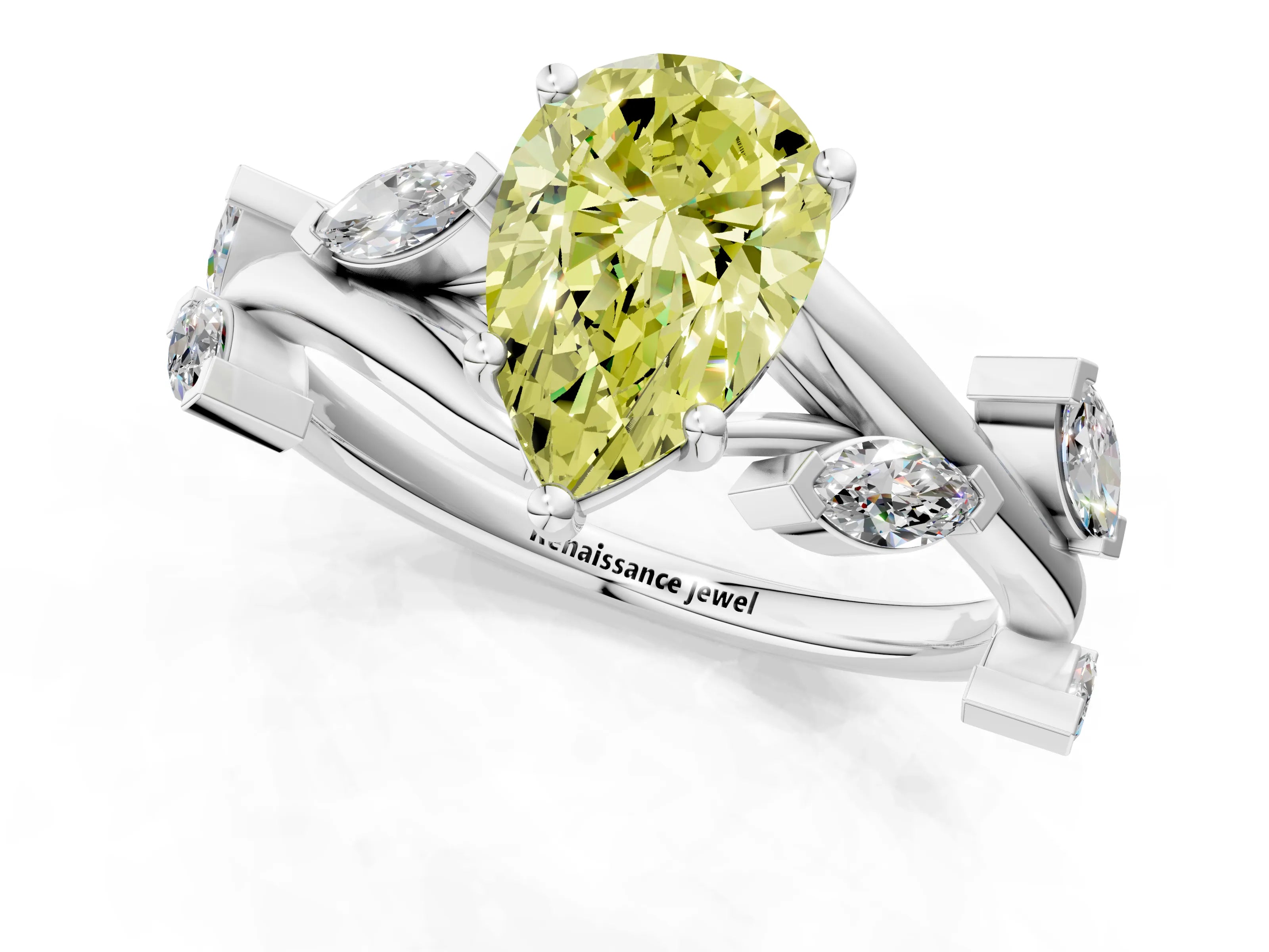 White gold Fancy Yellow Pear Cut Solitaire Twisted Band Marquise Accent Prong Setting Ring_1
