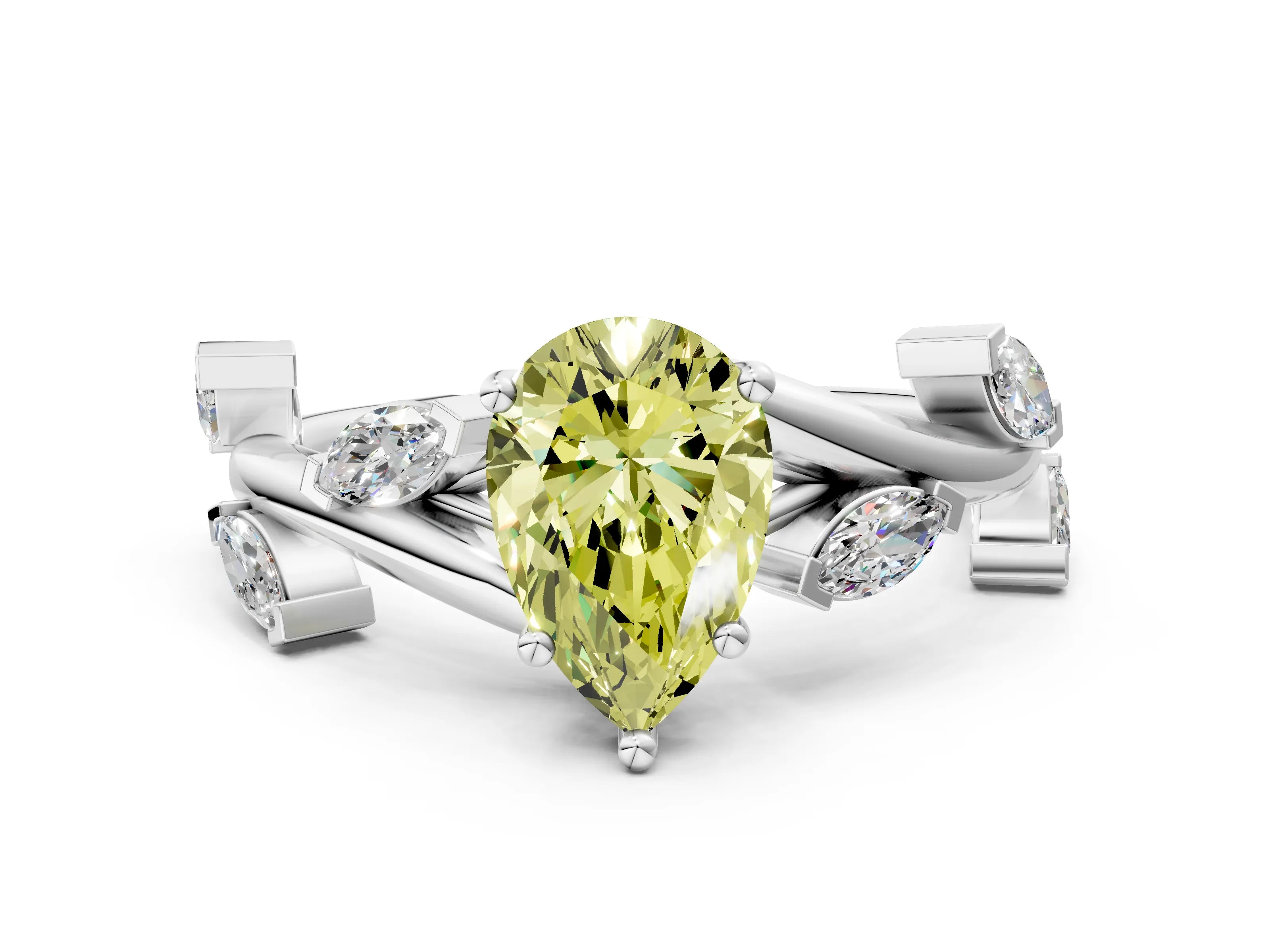 White gold Fancy Yellow Pear Cut Solitaire Twisted Band Marquise Accent Prong Setting Ring