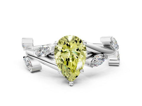 White gold Fancy Yellow Pear Cut Solitaire Twisted Band Marquise Accent Prong Setting Ring