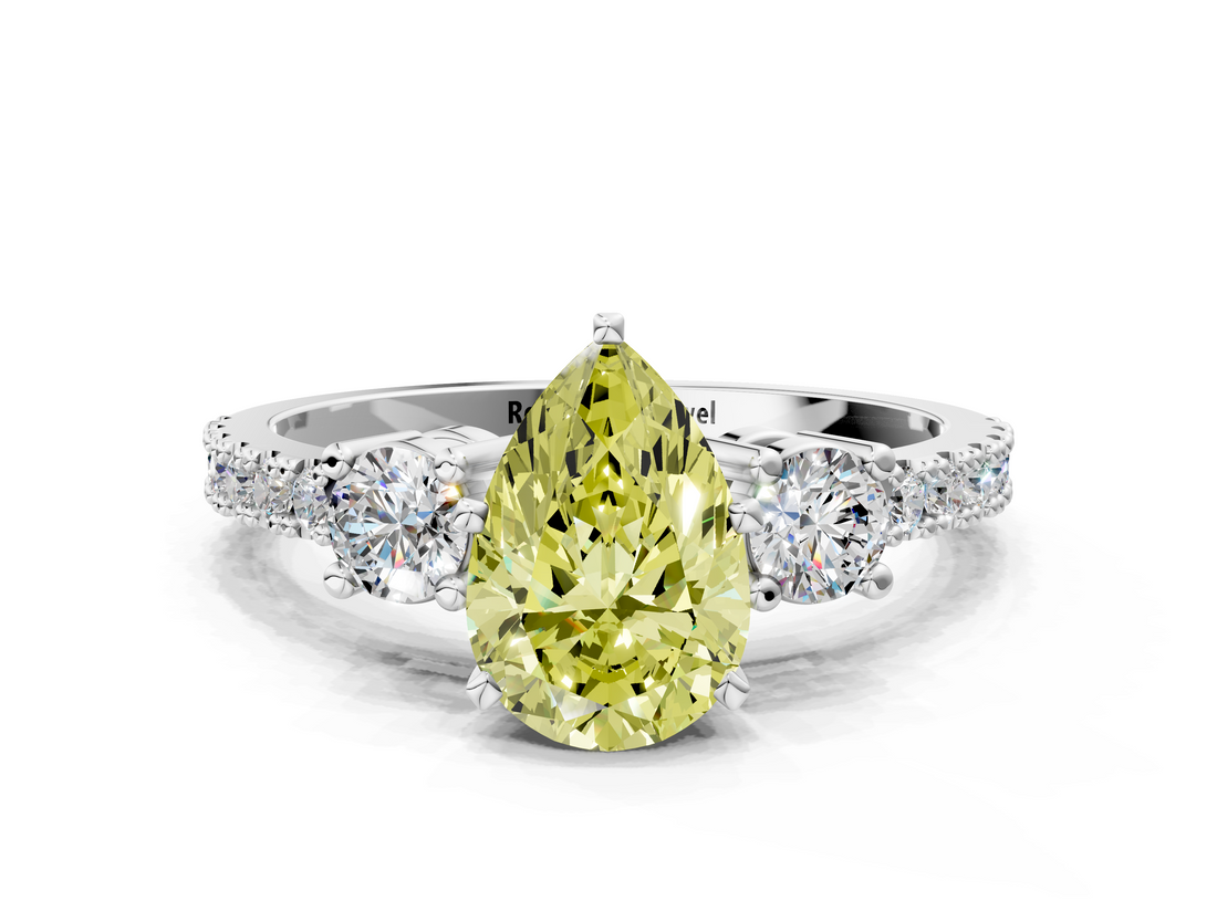 White gold Fancy Yellow Pear  Cut Three-Stone Diamond Pavé Band with Prong Setting_17