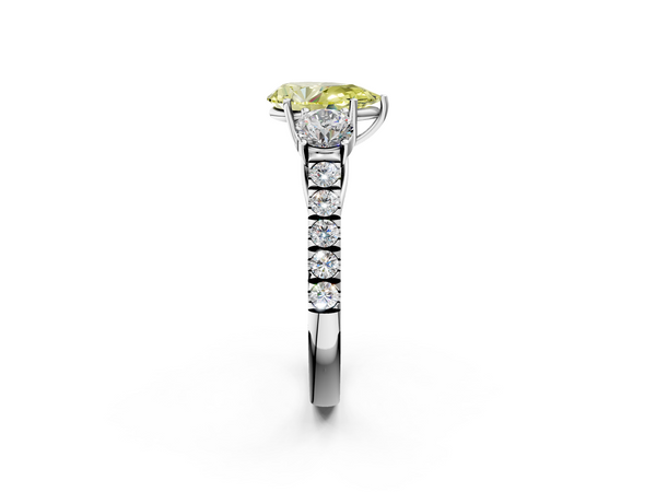 Sterling Silver Pear-Shaped Pave Three Stone Engagement Ring Setting for Fancy Yellow Center