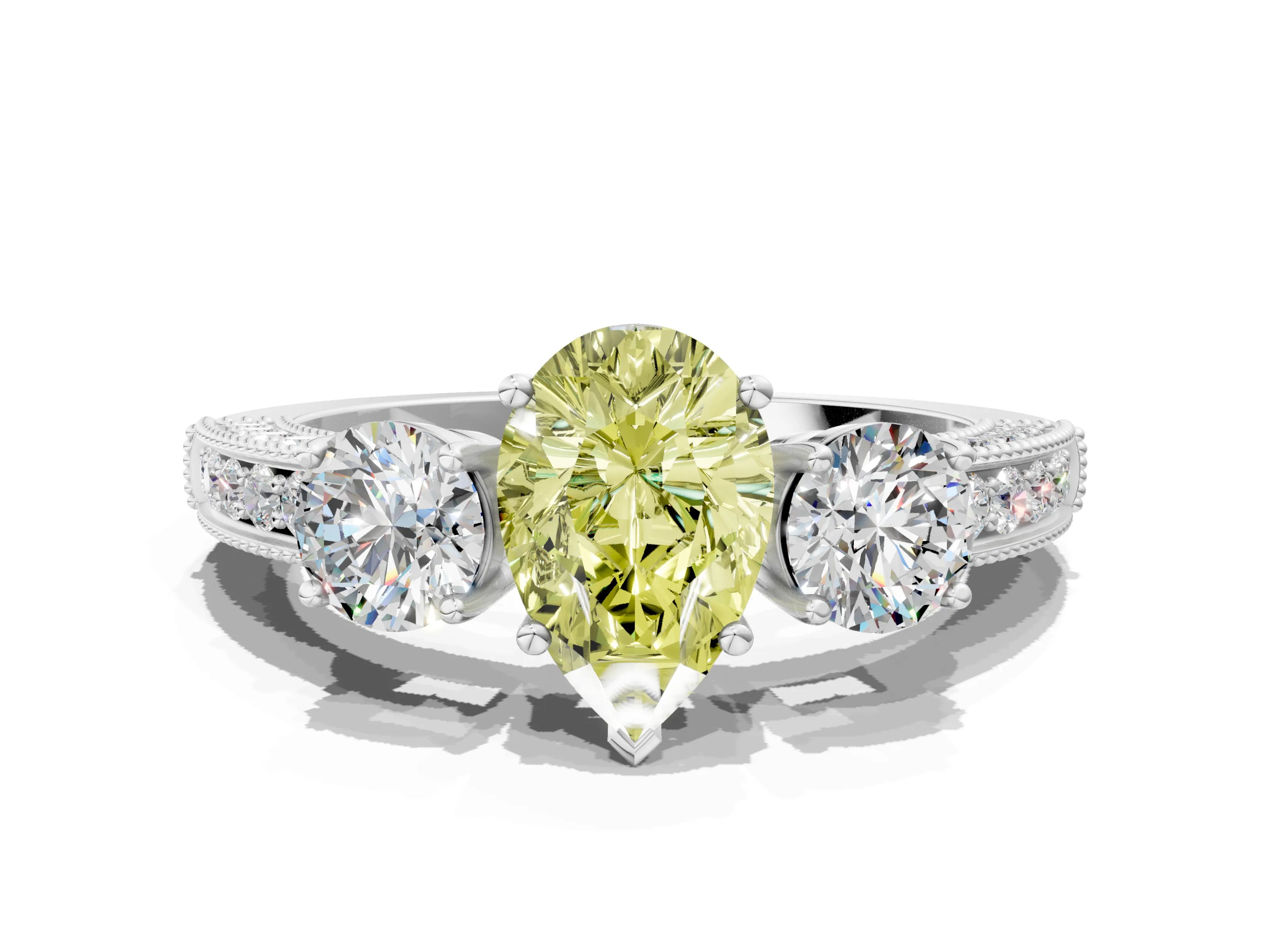 White gold Fancy Yellow Pear Cut Three-Stone Diamond Ring with Pavé Band and Four-Prong Setting_12