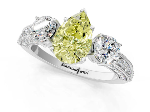 White gold Fancy Yellow Pear Cut Three-Stone Diamond Ring with Pavé Band and Four-Prong Setting_13