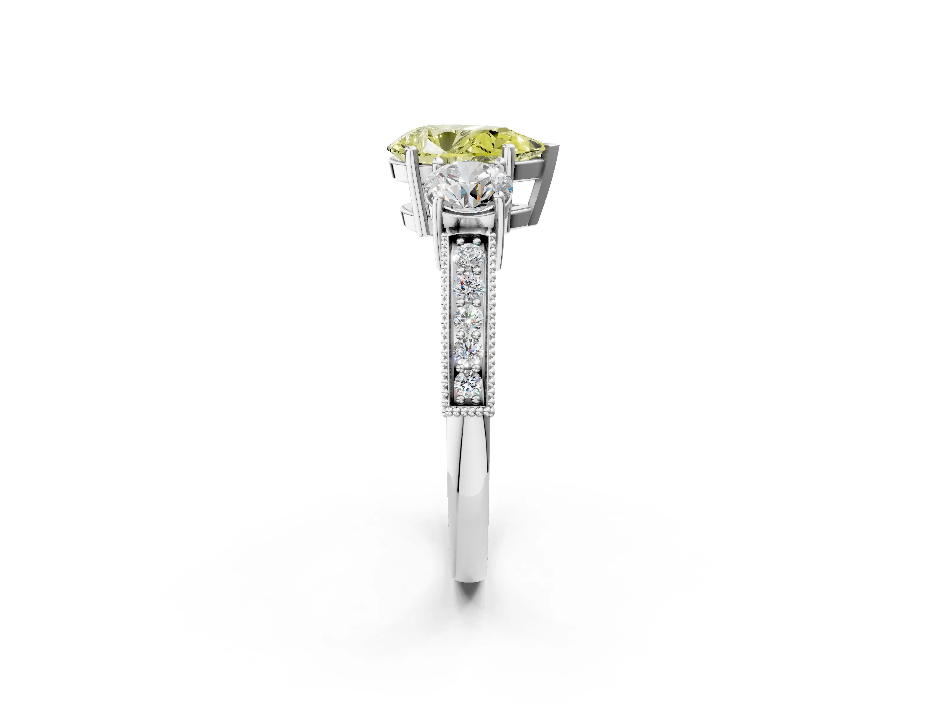 White gold Fancy Yellow Pear Cut Three-Stone Diamond Ring with Pavé Band and Four-Prong Setting_14