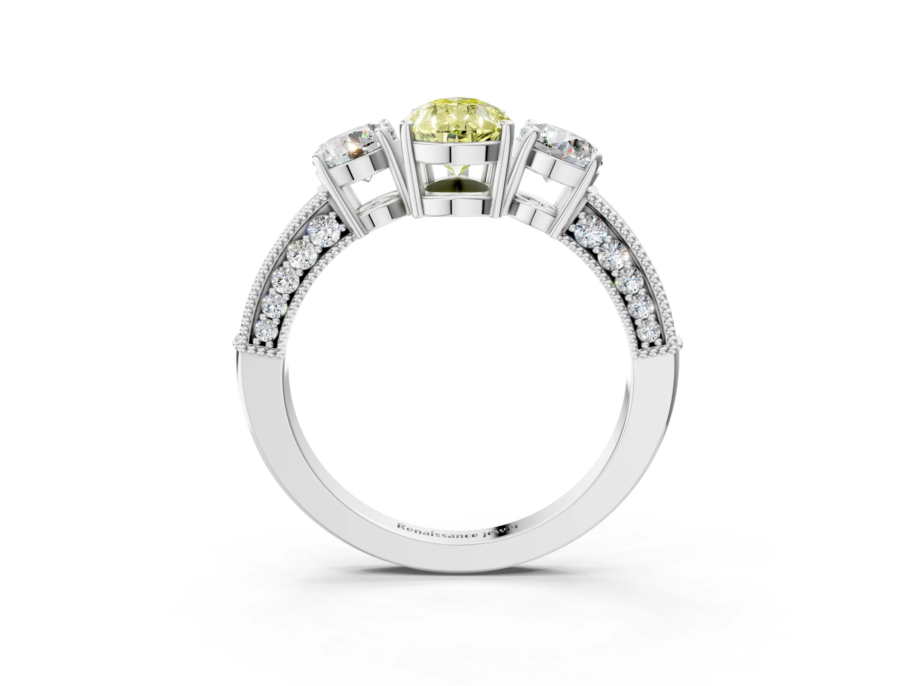 White gold Fancy Yellow Pear Cut Three-Stone Diamond Ring with Pavé Band and Four-Prong Setting_15