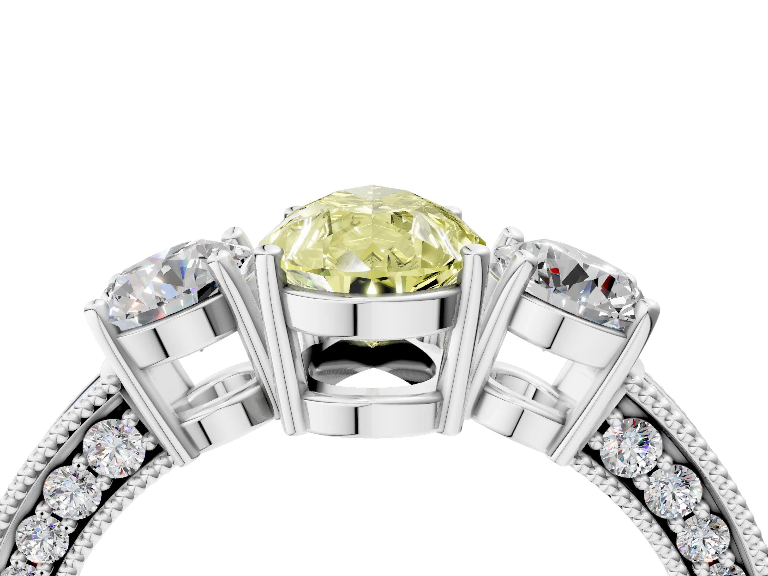 White gold Fancy Yellow Pear Cut Three-Stone Diamond Ring with Pavé Band and Four-Prong Setting_16