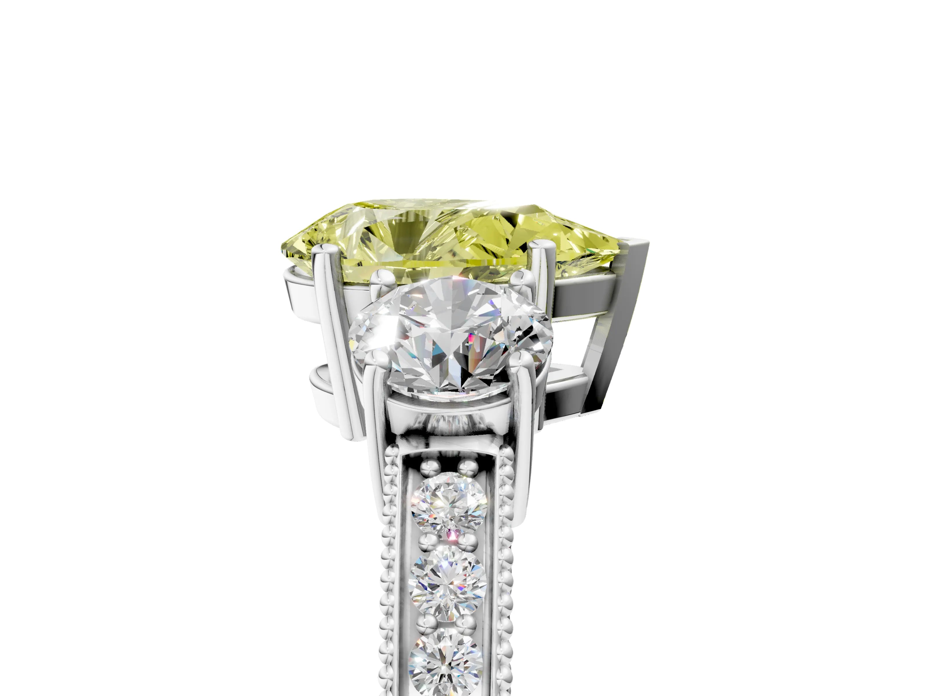 White gold Fancy Yellow Pear Cut Three-Stone Diamond Ring with Pavé Band and Four-Prong Setting_17