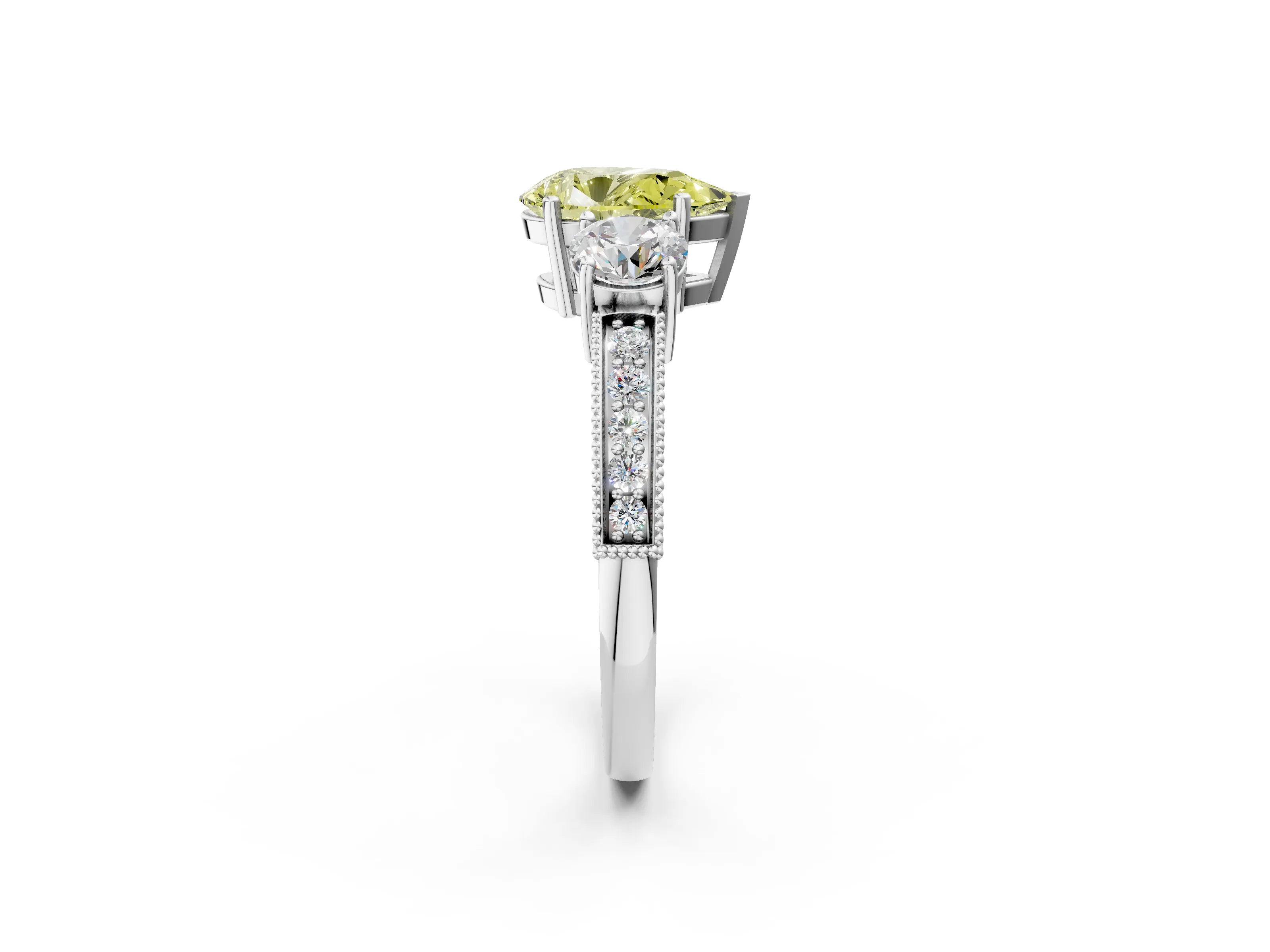 White gold Fancy Yellow Pear Cut Three-Stone Diamond Ring with Pavé Band and Four-Prong Setting_2
