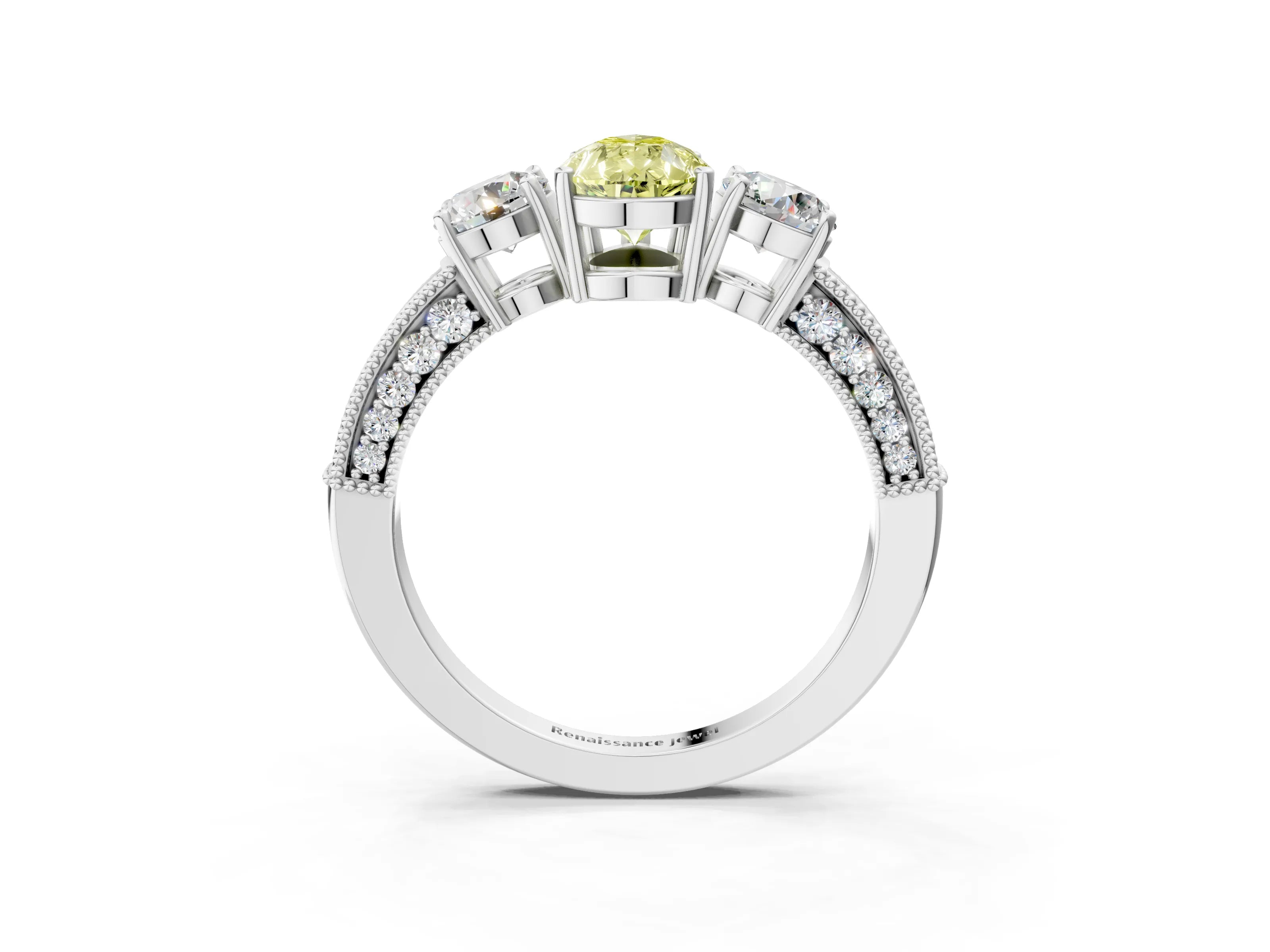 White gold Fancy Yellow Pear Cut Three-Stone Diamond Ring with Pavé Band and Four-Prong Setting_3