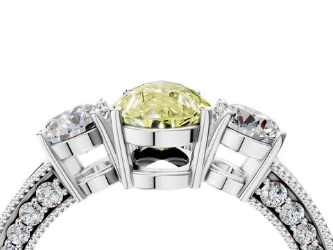 White gold Fancy Yellow Pear Cut Three-Stone Diamond Ring with Pavé Band and Four-Prong Setting_4