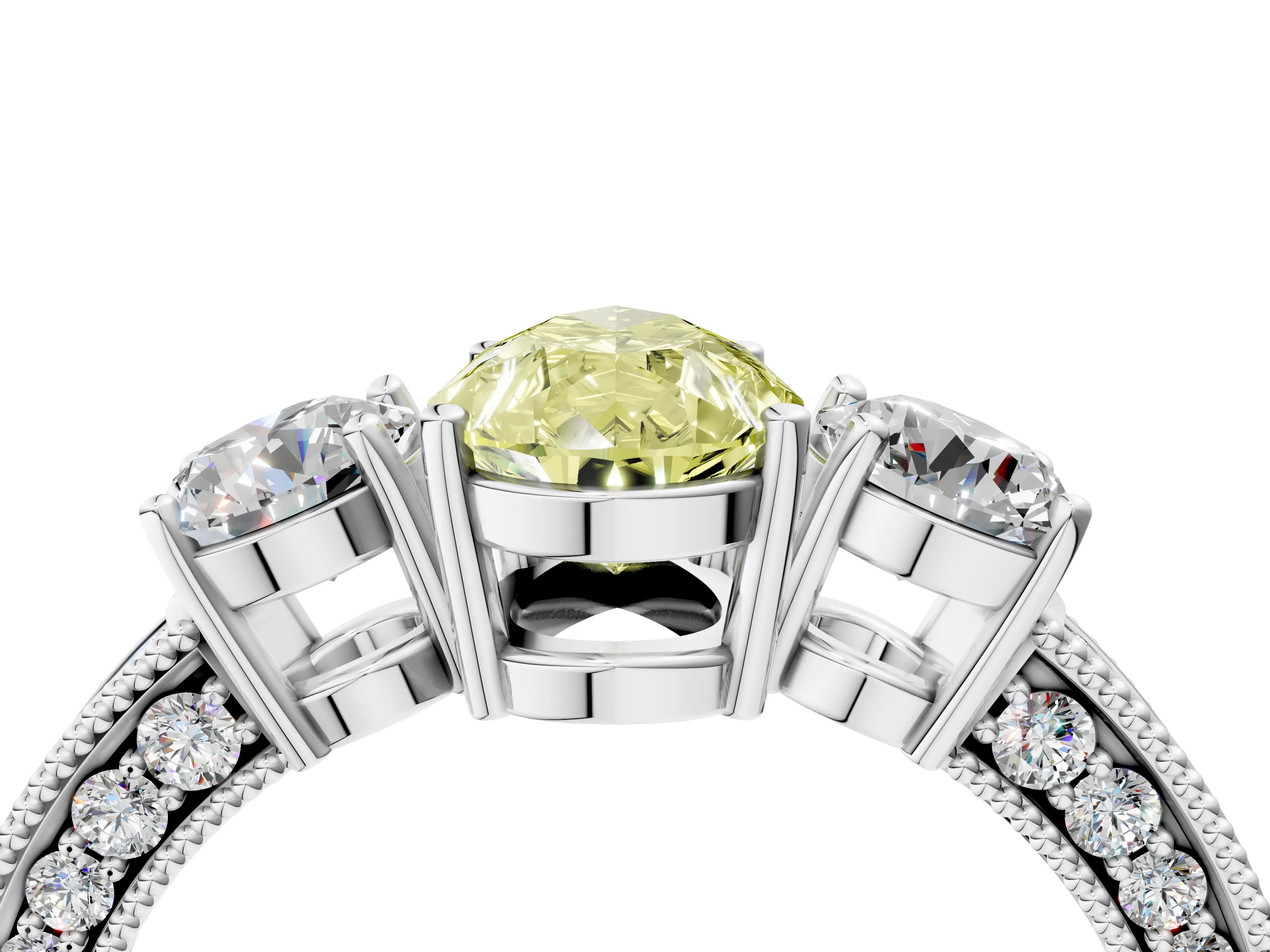 White gold Fancy Yellow Pear Cut Three-Stone Diamond Ring with Pavé Band and Four-Prong Setting_4
