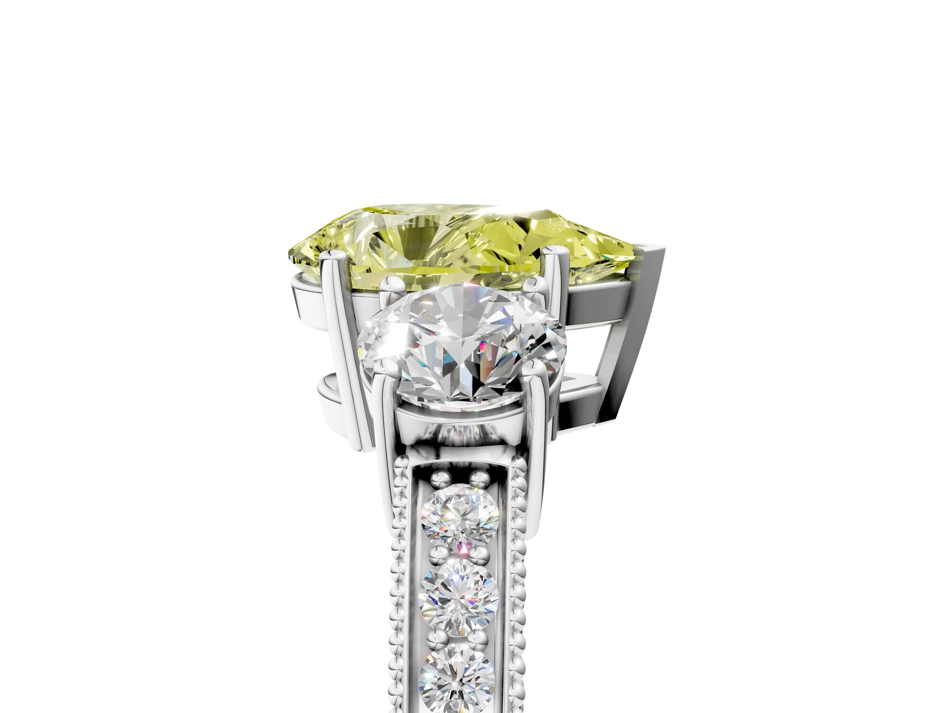 White gold Fancy Yellow Pear Cut Three-Stone Diamond Ring with Pavé Band and Four-Prong Setting_5