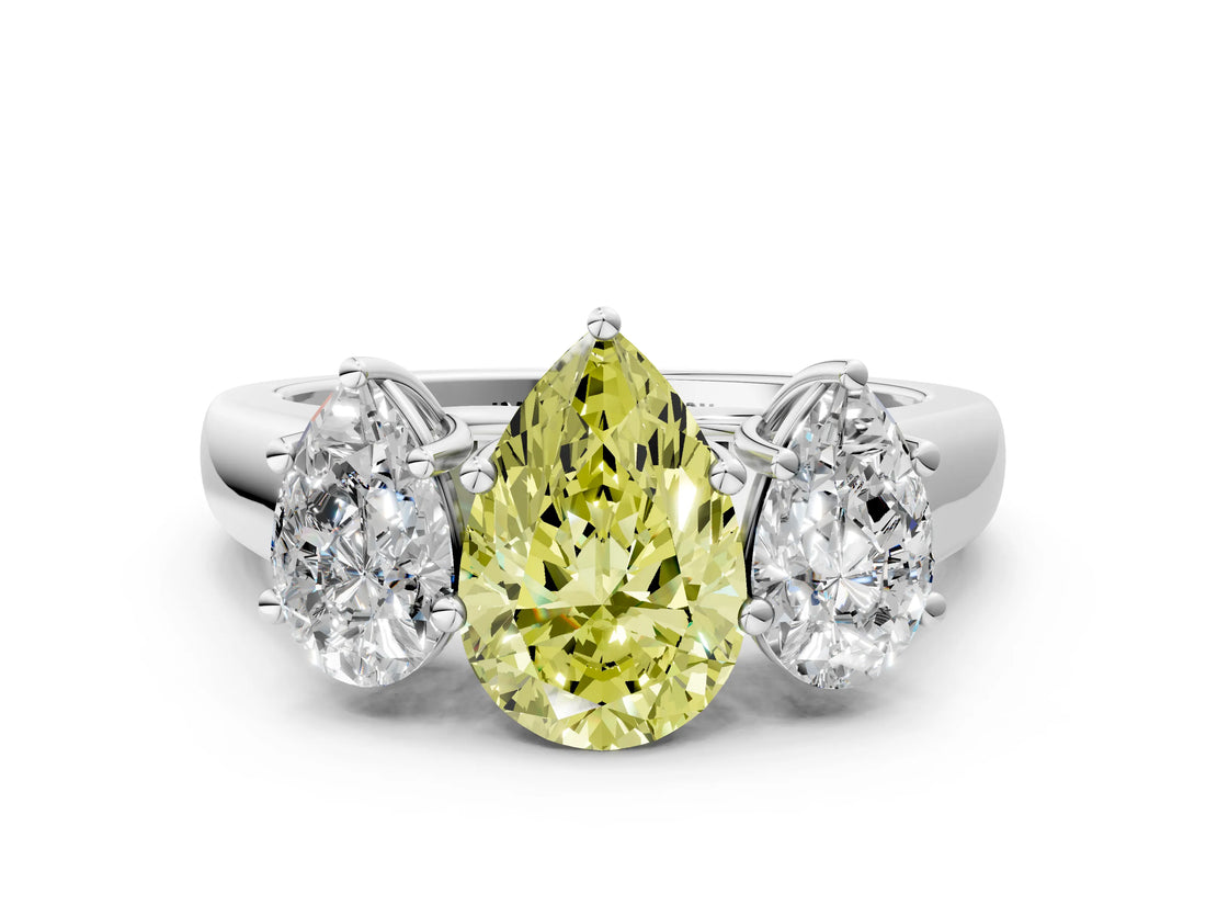 White gold Fancy Yellow Pear Cut Three-Stone Diamond Ring with Prong Setting on a Classic Band_12