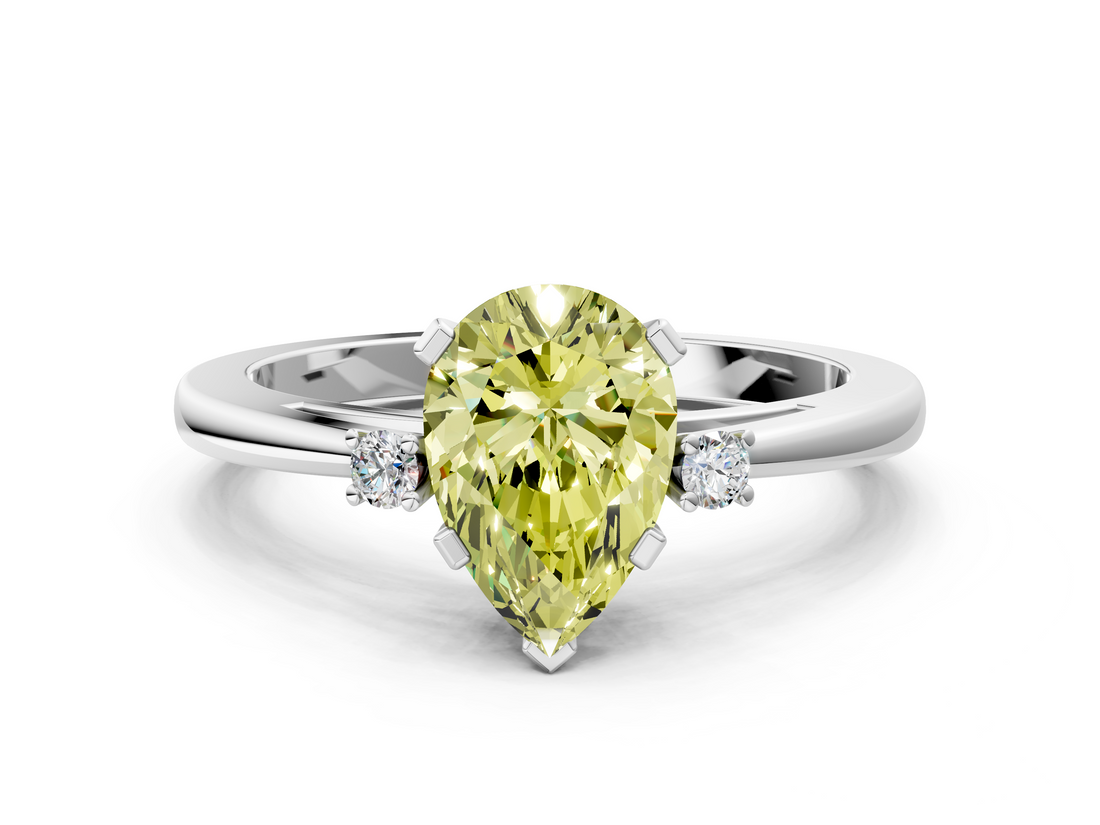 White gold Fancy Yellow Pear  Cut Three-Stone Solitaire Ring with Round Accent Diamonds and Four-Prong Setting_20