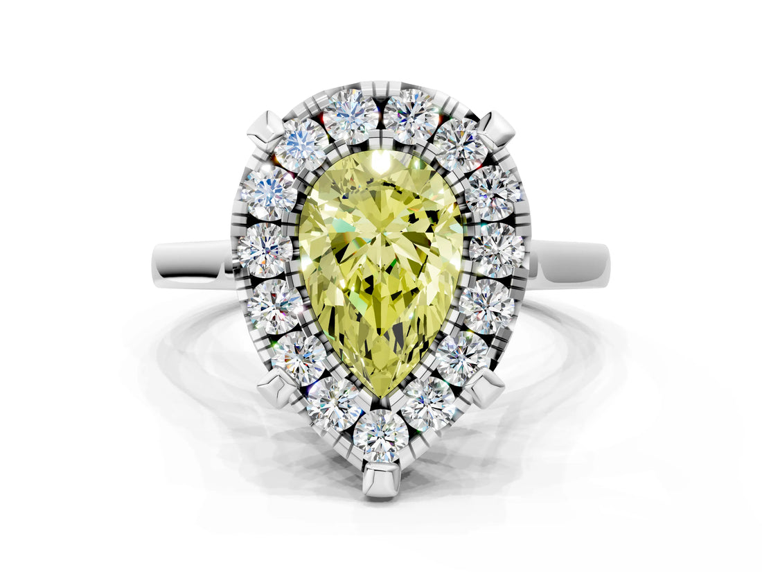 White gold Fancy Yellow Pear  Diamond Cluster Halo Solitaire with Four-Prong Setting_90