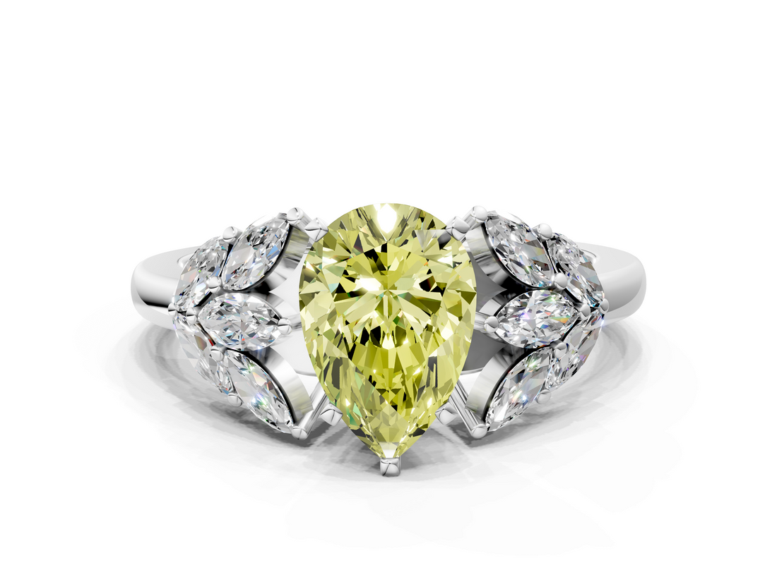 White gold Fancy Yellow Pear  Diamond Cluster Leaf Design Ring with Prong Setting_54