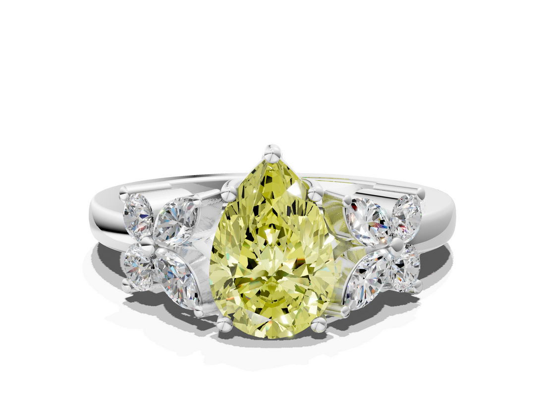 White gold Fancy Yellow Pear  Diamond Floral Cluster Ring with Solitaire Band and Prong Setting_26