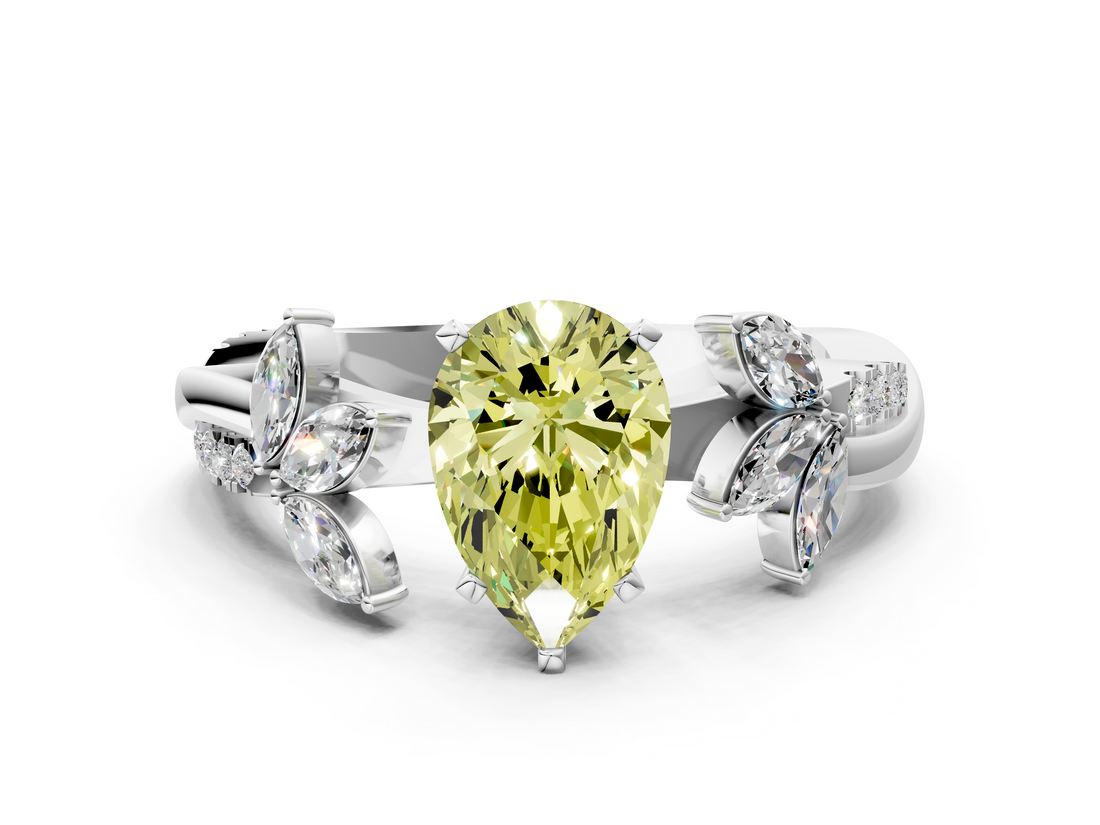 White gold Fancy Yellow Pear  Diamond Floral Vine Solitaire Engagement Ring_3