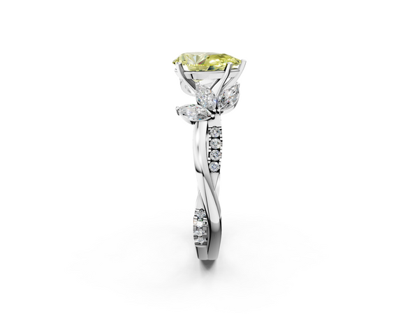 White gold Fancy Yellow Pear  Diamond Floral Vine Solitaire Engagement Ring