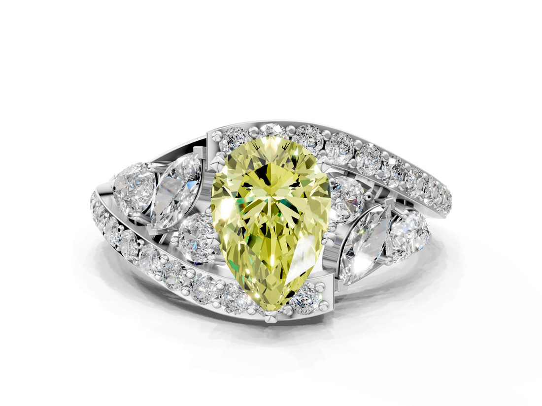 White gold Fancy Yellow Pear  Diamond Halo Ring with Marquise and Pavé Band in Prong Setting_121