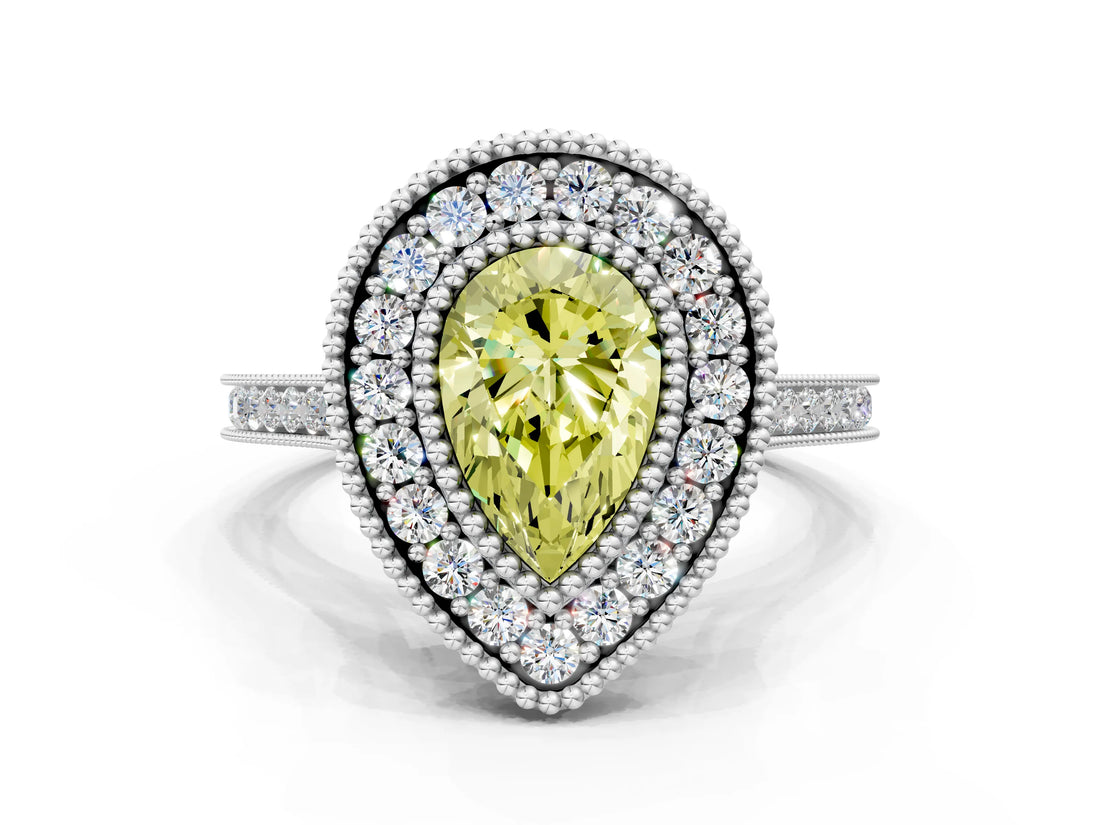 White gold Fancy Yellow Pear  Diamond Halo Ring with Milgrain Frame and Pavé Band_71