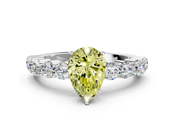 White Gold Pear-Shaped Engagement Ring Setting for Fancy Yellow Center with Shared Prong Side Stones
