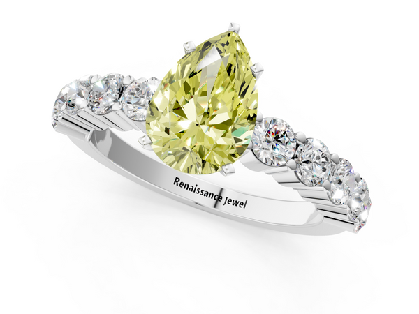 White Gold Pear-Shaped Engagement Ring Setting for Fancy Yellow Center with Shared Prong Side Stones