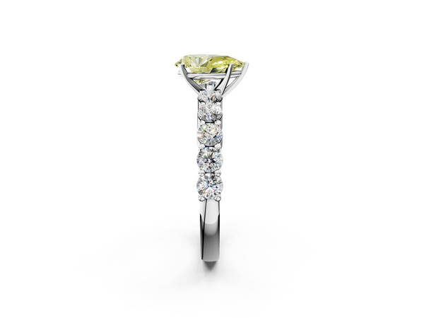 White Gold Pear-Shaped Engagement Ring Setting for Fancy Yellow Center with Shared Prong Side Stones