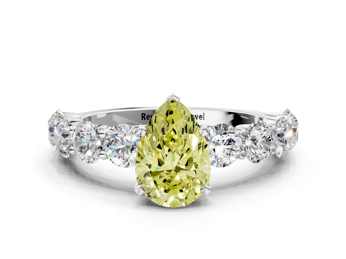 White gold Fancy Yellow Pear  Diamond Prong Setting with Side Stones on a Pave Band_161