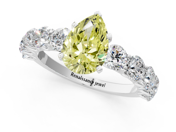 Platinum Fancy Yellow Pear Cut Diamond Prong Setting with Side Stones on a Pave Band