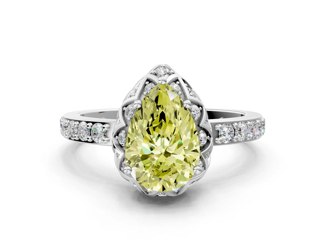 White gold Fancy Yellow Pear  Diamond Solitaire Ring with Shared Prong Pavé Band_78