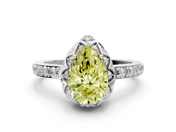 Platinum Fancy Yellow Pear  Diamond Solitaire Ring with Shared Prong Pavé Band