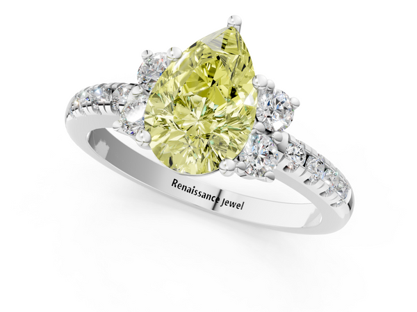 White gold Fancy Yellow Pear  Diamond Three-Stone Pave Band with Four-Prong Setting
