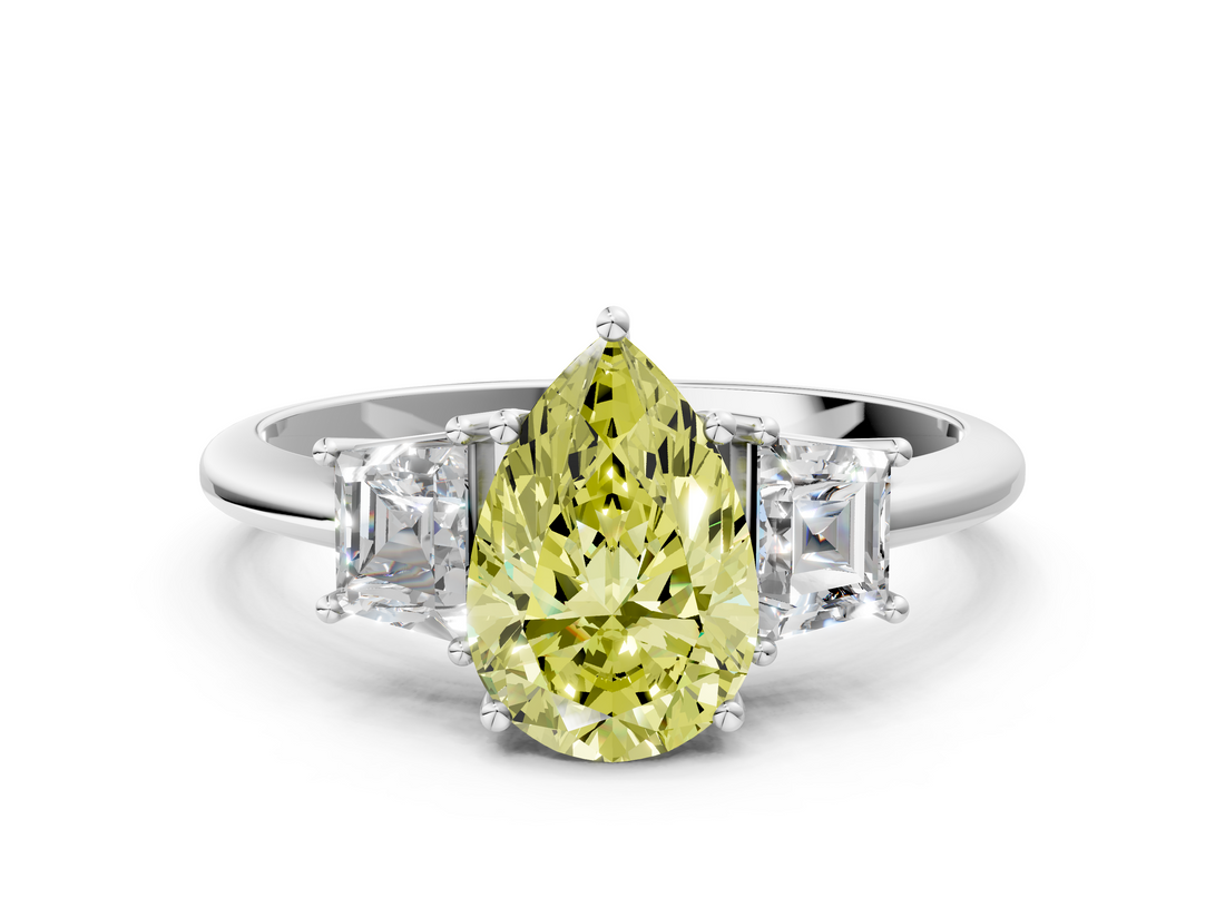 White gold Fancy Yellow Pear  Diamond Three-Stone Ring with Trapezoid Side Stones and Prong Setting_17
