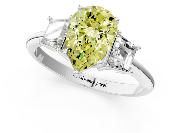 Platinum Fancy Yellow Pear  Diamond Three-Stone Ring with Trapezoid Side Stones and Prong Setting