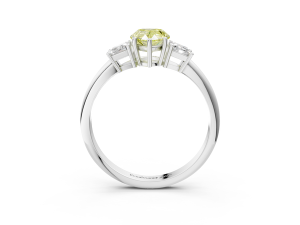 Platinum Fancy Yellow Pear  Diamond Three-Stone Ring with Trapezoid Side Stones and Prong Setting