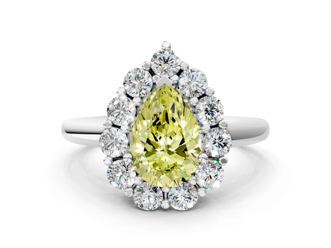 White gold Fancy Yellow Pear  Halo Cluster Diamond Engagement Ring with Prong Setting and Polished Band_19