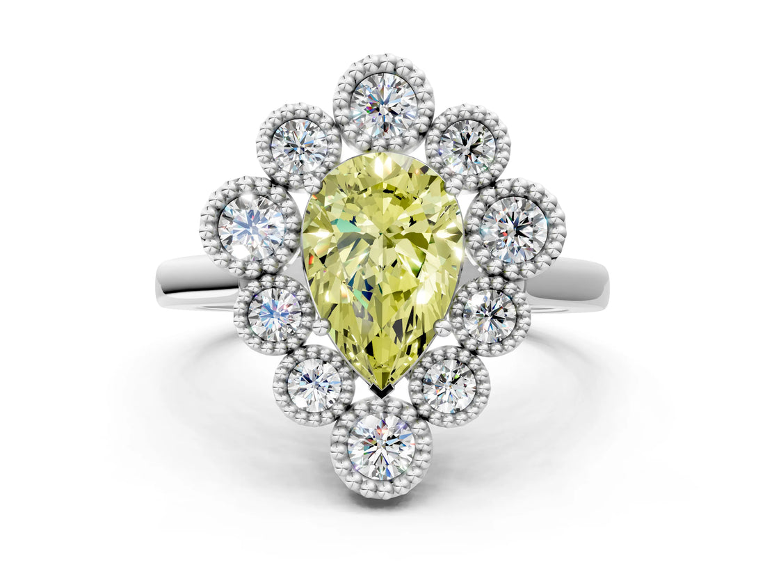 White gold Fancy Yellow Pear  Halo Diamond Cluster Engagement Ring with Milgrain Bezel Setting and Solitaire Band_39