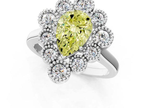 Platinum Fancy Yellow Pear  Halo Diamond Cluster Engagement Ring with Milgrain Bezel Setting and Solitaire Band