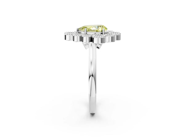 Platinum Fancy Yellow Pear  Halo Diamond Cluster Engagement Ring with Milgrain Bezel Setting and Solitaire Band