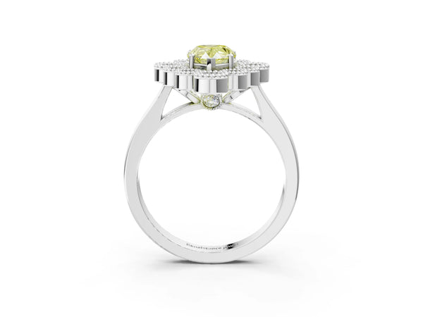 Platinum Fancy Yellow Pear  Halo Diamond Cluster Engagement Ring with Milgrain Bezel Setting and Solitaire Band
