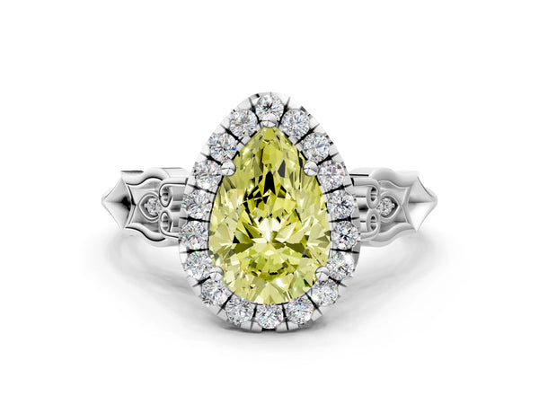 Platinum Fancy Yellow Pear  Halo Diamond Engagement Ring with Filigree Band and Four-Prong Setting