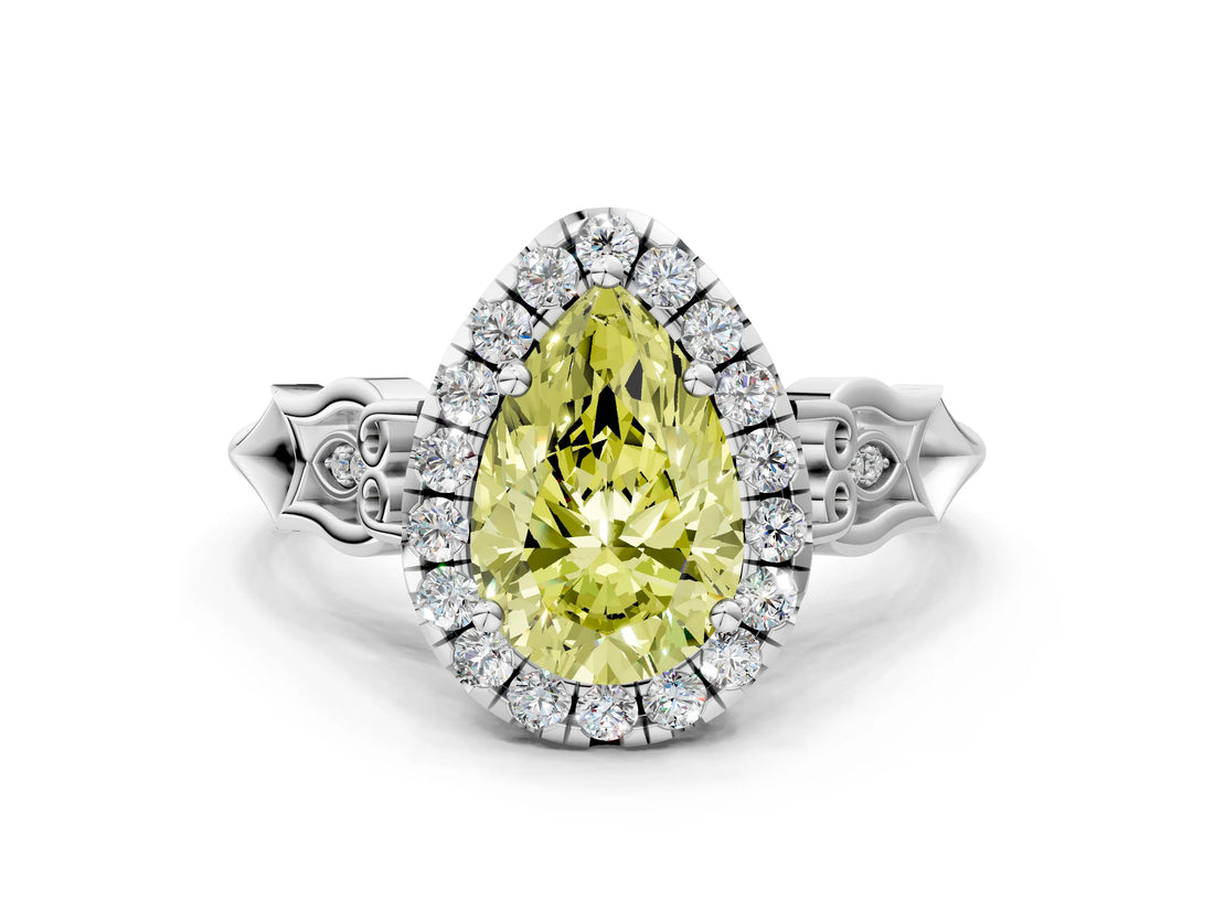 White gold Fancy Yellow Pear  Halo Diamond Engagement Ring with Filigree Band and Four-Prong Setting_105