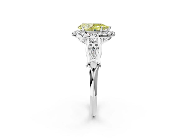 Platinum Fancy Yellow Pear  Halo Diamond Engagement Ring with Filigree Band and Four-Prong Setting